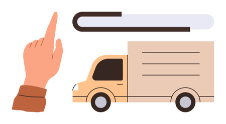 Hand gesture pointing at progress bar above delivery truck indicating loading, transportation, or completion progress. Ideal for logistics, shipping, delivery, tracking, e-commerce, load progressのイラスト素材