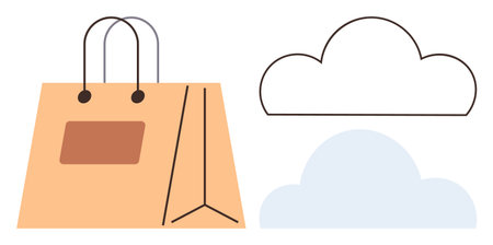 Shopping bag with handles, paired with outlined and filled clouds emphasizing eco-conscious shopping and green practices. Ideal for sustainability, environmental care, e-commerce, marketing, ecoのイラスト素材