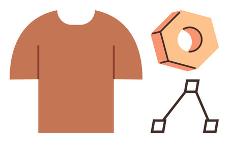 Minimalist brown t-shirt next to a hexagonal object and abstract anchor-thumbs up geometric structure. Ideal for fashion, design, creativity, branding, innovation, simplicity, digital art. A simpleのイラスト素材
