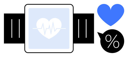 Fitness watch with heart rate display, blue heart, percentage speech bubble. Ideal for health monitoring, fitness tech, wellness motivation, activity tracking, wearable tech, heart health simpleのイラスト素材