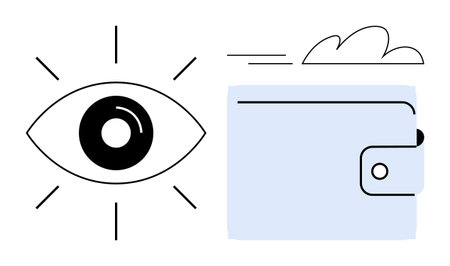 Eye with radiating lines beside a wallet with a cloud signifies insight, finance, saving, budgeting, and expense monitoring. Ideal for finance apps, planning, education, security transparencyのイラスト素材