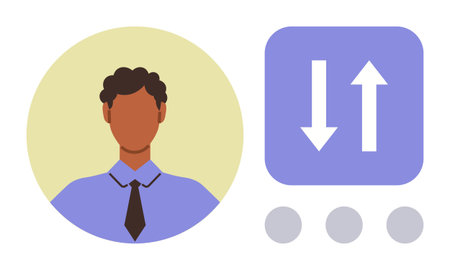 Headshot of a professional in formal attire paired with directional arrows and dots. Ideal for decision-making, progress tracking, growth, profile creation, management, career, entrepreneurshipのイラスト素材
