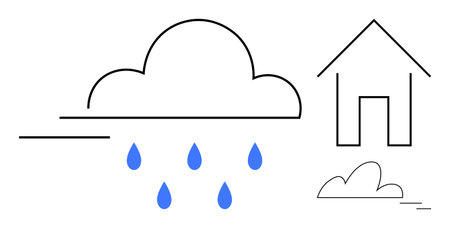 Cloud releasing blue raindrops beside a simple house and smaller cloud. Ideal for weather, climate change, rainfall, environment, sustainability, home safety, nature concepts. Simple flat metaphorのイラスト素材