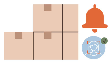 Cardboard boxes in storage setting with notification bell and facial recognition profile. Ideal for...