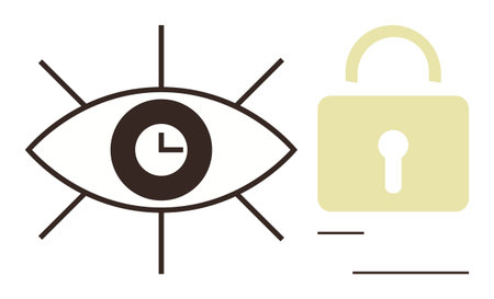 Eye with clock at center symbolizes time tracking and observation, next to a secure padlock for protection. Ideal for privacy, security, surveillance, monitoring, time management, data safetyのイラスト素材