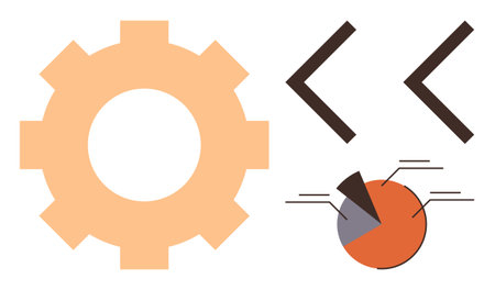 Gear, angled brackets, and pie chart with segments and lines for technology, development, data analysis, system operations, software coding, teamwork and functionality. Ideal for simple flatのイラスト素材