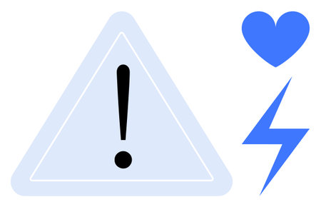 Warning triangle with exclamation mark, blue heart, and lightning bolt. Ideal for safety, health, energy, caution, awareness emergency response and educational visuals. Perfect for a simple landingのイラスト素材