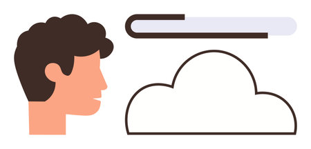 Persons side profile with cloud outline and progress bar suggesting ideas, thinking, creativity, or digital storage. Ideal for brainstorming, innovation, technology, cloud computing, mental processのイラスト素材