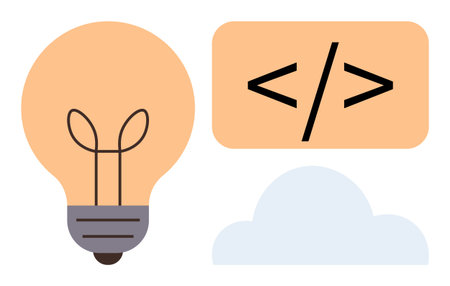 Light bulb indicates innovation, coding symbol frames programming focus, and cloud underlines digital storage and remote access. Ideal for technology, innovation, programming, creativity, cloudのイラスト素材
