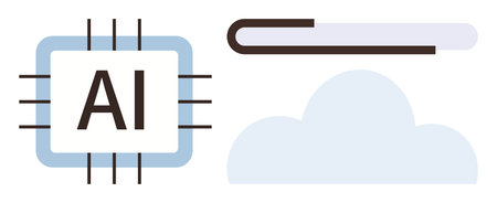 AI chip alongside a cloud and a streamlined pathway, representing artificial intelligence, data sharing, and connectivity. Ideal for technology, innovation, data flow, AI systems, cloud computingのイラスト素材
