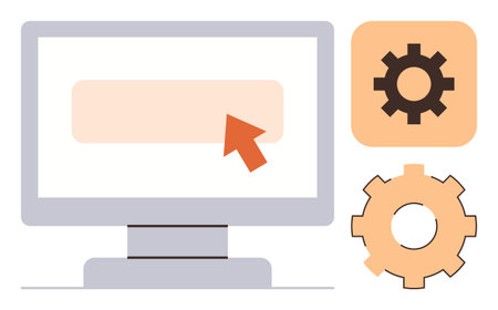 Computer monitor with cursor pointing to input field, accompanied by two gear icons for configuration. Ideal for settings, development, user experience, customization, workflow, application, simpleのイラスト素材