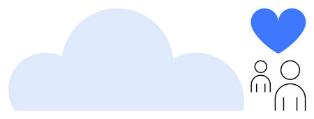 Large blue cloud alongside two minimal human figures and a heart, symbolizing connection, care, and...