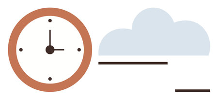 Wall clock with wooden frame beside a cloud and horizontal lines, combining time, weather, data, or digital themes. Ideal for productivity, weather, communication, planning rhythm data storageのイラスト素材