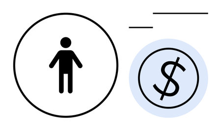 Human figure inside a circle connected to a dollar sign icon. Ideal for finance, economy, budgeting, income management, saving, personal wealth, and decision-making themes. Simple flat metaphorのイラスト素材