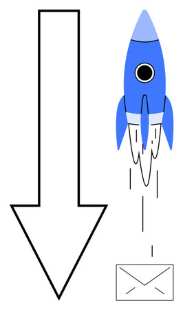 Rocket soaring upward carrying a message envelope next to a large downward arrow. Ideal for mail delivery, email, innovation, communication, speed, business growth, startup concepts. Simple flatのイラスト素材