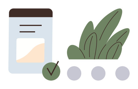 Product container with green leaves and checkmark symbolizing quality and sustainability. Ideal for eco-packaging, organic products, vegan branding, health, wellness, environment, minimalism. Simpleのイラスト素材