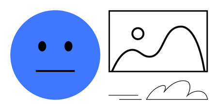 Blue face emoticon paired with a line-art landscape featuring a sun, hill, and cloud. Ideal for emotion, simplicity, expression, mood, creativity design visual storytelling. Modern simple flatのイラスト素材