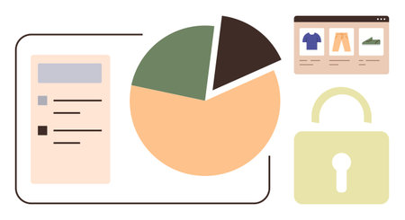 Pie chart with shopping interface and checklist, emphasizing online shopping trends, data security, and analysis. Ideal for e-commerce, analytics, privacy, cybersecurity, business marketing simpleのイラスト素材