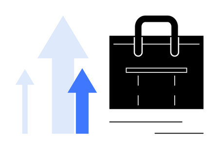 Black briefcase symbolizes work and professionalism, paired with blue and white upward arrows representing growth, success, and progress. Ideal for career, strategy, workflow, development, financeのイラスト素材