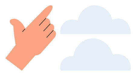 Hand gesturing with snapping fingers near two soft clouds. Ideal for creativity, decision-making, innovation, brainstorming, cloud computing, transformation, simplicity. Minimalist designのイラスト素材