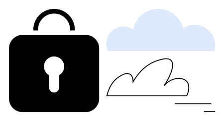 Large lock icon beside stylized clouds depicts cloud technology and cybersecurity. Ideal for online privacy, data storage, secure systems, internet safety, IT solutions, business tools, simpleのイラスト素材