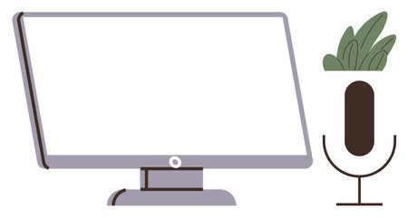 Monitor with blank screen alongside a microphone and potted plant. Ideal for remote work, podcasting, streaming, virtual meetings, digital communication, creative projects, minimalist flat designのイラスト素材