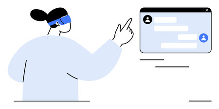 Person in augmented reality headset pointing at a floating virtual chat interface. Ideal for technology, innovation, communication, virtual reality, future, digital interactions, simple landing pageのイラスト素材