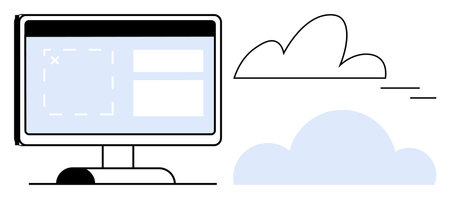 Computer screen with application layout and two clouds symbolizing cloud storage. Ideal for technology, data storage, cloud computing, software, connectivity, innovation, digital transformation. Aのイラスト素材