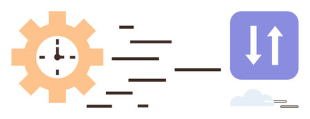 Orange gear with clock and movement lines connecting to up-down arrows in blue square. Ideal for time management, efficiency, data synchronization, workflow, automation, speed, productivity. Simpleのイラスト素材