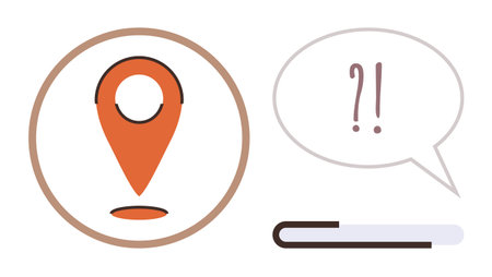 Orange location pin within a circle, speech bubble with punctuation, and progress bar. Ideal for navigation, progress, communication, inquiry, problem-solving, journey tracking digital userのイラスト素材