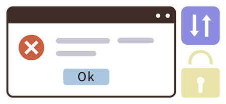 Error message popup with an OK button, red cross icon, up-down arrows, and lock. Ideal for software, user interface, error handling, security permissions data transfer and IT. Simple flat metaphorのイラスト素材