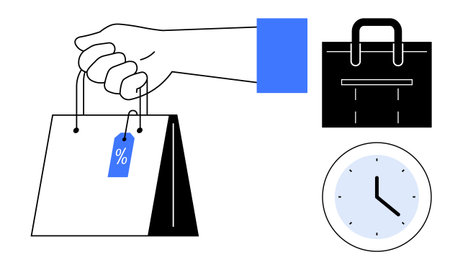 Hand holding shopping bag with discount tag, black briefcase, and clock showcasing retail, shopping, time management, commercial planning, sales strategy, business lifestyle, and simple flat metaphorのイラスト素材