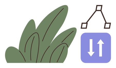 Simplistic green leaves, abstract diagram, and double arrows emphasize natural ecosystems, workflows, environment, growth, collaboration. Ideal for ecology, sustainability productivity strategyのイラスト素材