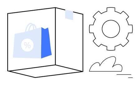 Blue shopping bag with percentage sign inside transparent box, gear icon, cloud overlay. Ideal for e-commerce, retail, automation, logistics, sale strategy, marketing simple landing pageのイラスト素材