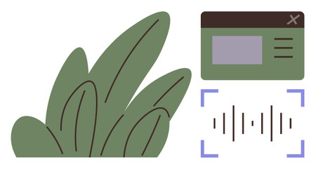 Green leaves alongside a webpage with soundwave graphics and focus frame. Ideal for nature, technology, environment, digital audio, innovation, sustainability, sound design, simple flat metaphorのイラスト素材
