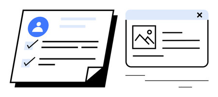 Profile document with checkmarks and web content window with text and image preview. Ideal for data organization, content management, profile setup, user tasks, web design, productivity, simple flatのイラスト素材