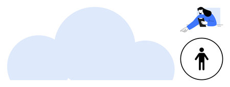 User sketching on a tablet near a cloud with a profile icon, symbolizing technology, connection, data storage, creativity. Ideal for applications, teamwork, social media, communication innovationのイラスト素材