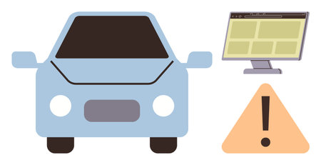 Light blue car, monitor with system information, and orange warning triangle symbolize technical diagnostics, problem alerts, and maintenance. Ideal for automotive, safety, diagnosticsのイラスト素材