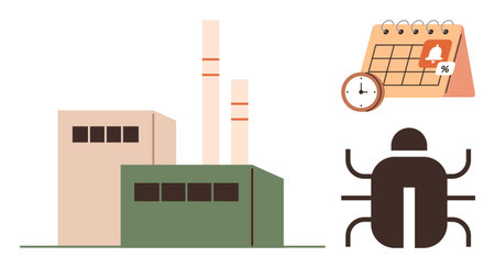 Factory buildings with chimneys, calendar with alert and clock, large bug icon. Ideal for industry, process management, deadlines, production issues, efficiency, troubleshooting risk managementのイラスト素材