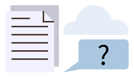 Cloud with speech bubble featuring question mark alongside folded paper document. Ideal for data storage, cloud computing, file management, information search, digital communication, tech conceptsのイラスト素材