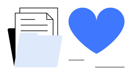 Folder with papers symbolizes organization and efficiency, paired with a blue heart for trust, care, and dedication. Ideal for teamwork, storage, love, professionalism, trust management simpleのイラスト素材