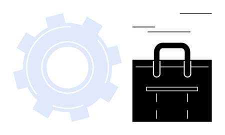 Giant gear beside a briefcase illustrates business workflow, innovation, and efficiency. Ideal for productivity, teamwork, management, organization, strategy process business solutions. Simple flatのイラスト素材