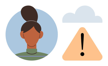 Profile of woman with bun hairstyle next to cloud above triangular warning sign with exclamation mark. Ideal for security, online safety, attention, notification, caution, risk, minimal flat metaphorのイラスト素材
