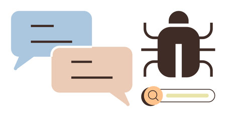 Speech bubbles symbolizing teamwork, bug icon for debugging, magnifying glass and search bar represent tools for problem-solving. Ideal for collaboration, troubleshooting, software, development, QAのイラスト素材