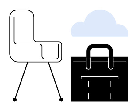 Office chair next to a briefcase under a cloud, symbolizing balance between work, mobility, and technology. Ideal for business, productivity, telecommuting, career, modern office cloud computingのイラスト素材