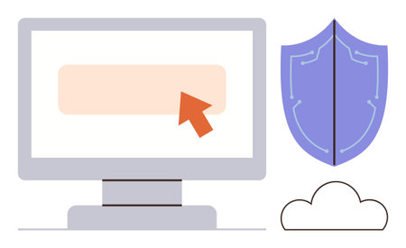 Computer screen with a pointer over a button, shield symbol for protection, and cloud outline. Ideal for cybersecurity, data protection, online privacy, cloud security, internet safety, digitalのイラスト素材