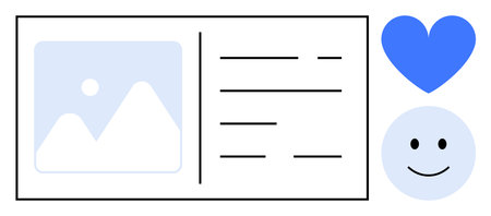 Light content card design with image placeholder, text layout, blue heart, and smiling face. Ideal for user profile, social engagement, product page, testimonial, contact section customer reviewのイラスト素材