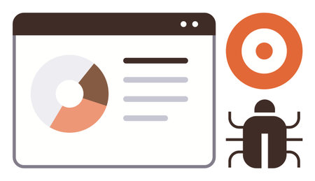 Browser window with pie chart and text, target icon, and bug graphic. Ideal for cybersecurity, data analysis, software development, goal monitoring, problem-solving, analytics simple flat metaphorのイラスト素材