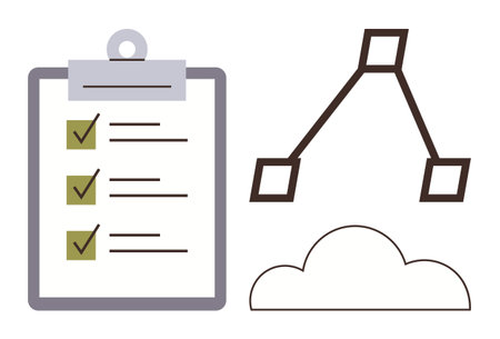 Clipboard with checklist, flowchart connecting shapes, and cloud representing planning, collaboration, and innovation. Ideal for project management, workflow design, brainstorming, goal-settingのイラスト素材