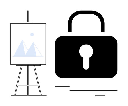 Black lock icon beside canvas on an easel with a minimalist drawing of mountains. Ideal for art protection, copyright, privacy, security, data safety, intellectual property, simple flat metaphorのイラスト素材